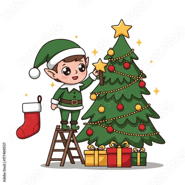 Obraz Cartoon elf decorating a Christmas tree with presents and a stocking nearby on a white background
