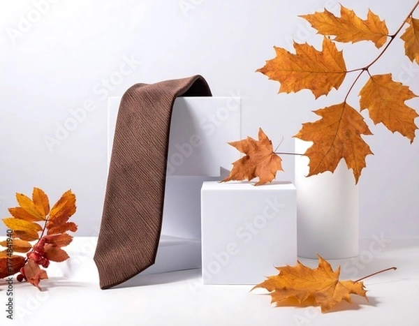 Obraz Elegant brown tie with autumn leaves on white blocks.