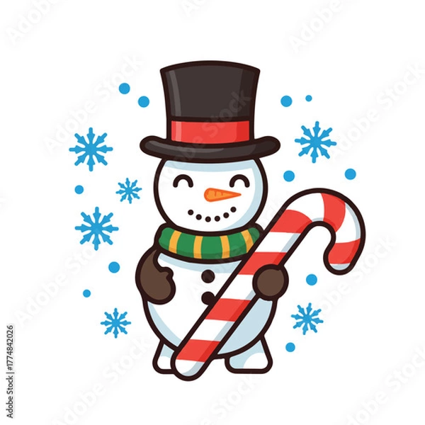 Obraz A cheerful snowman wearing a top hat and scarf holding a candy cane on a white background with snowflakes.