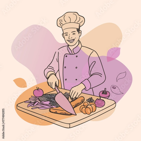 Fototapeta Smiling chef in uniform preparing fresh vegetables on a wooden cutting board with a knife