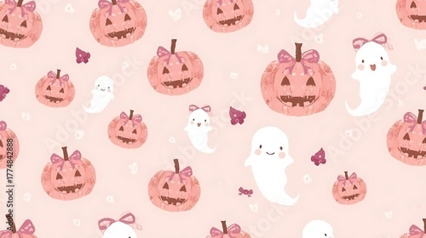 Obraz A whimsical Halloween pattern features charming pumpkins and friendly ghosts, creating a playful and festive design. 