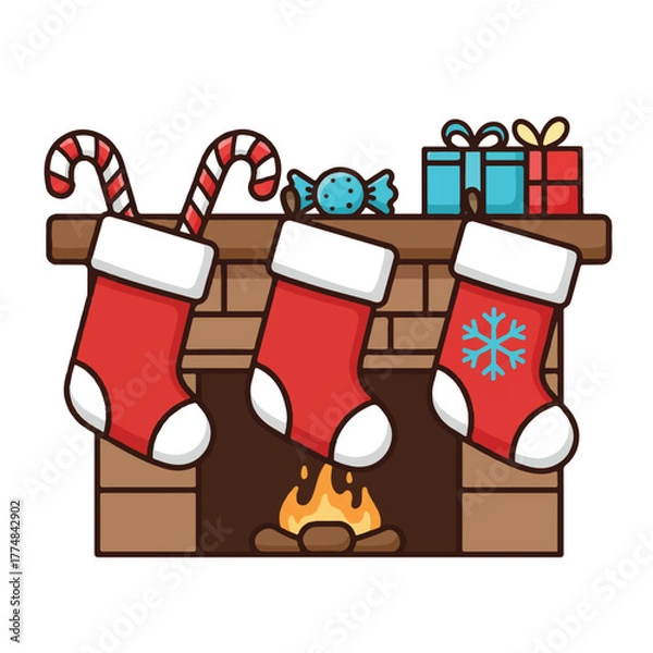 Obraz Illustration of Christmas stockings hanging by a fireplace with gifts and candy canes on a white background