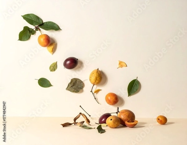 Obraz Autumnal Fruit Still Life - A Minimalist Composition of Plums and Persimmons.