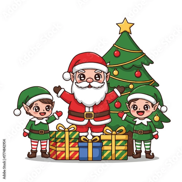 Obraz Cartoon Santa Claus with two elves standing beside Christmas tree and gifts on white background