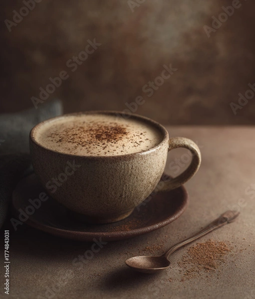 Fototapeta Coffee drink in ceramic cup with cinnamon on surface