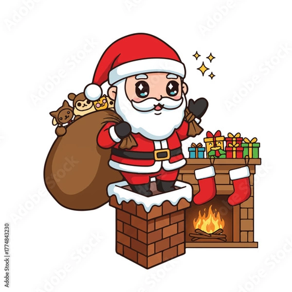Obraz Cartoon Santa Claus climbing down a brick chimney with a sack of toys on a white background with a festive mood.