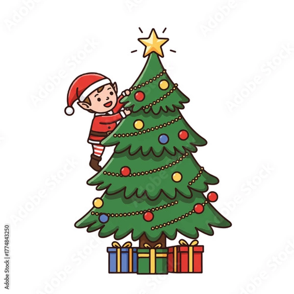 Obraz Cartoon elf decorating a Christmas tree with colorful ornaments and lights on a white background.