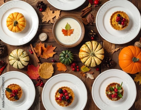 Obraz Festive Thanksgiving Table Setting with Pumpkins and Mini Tarts.