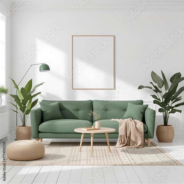 Fototapeta Stylish Scandinavian living room interior design featuring a comfortable green sofa, houseplants, and a blank vertical poster frame mockup on a white wall