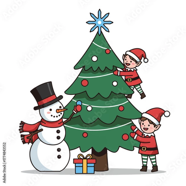 Obraz Cartoon illustration of two elves decorating a Christmas tree with a snowman on a white background.