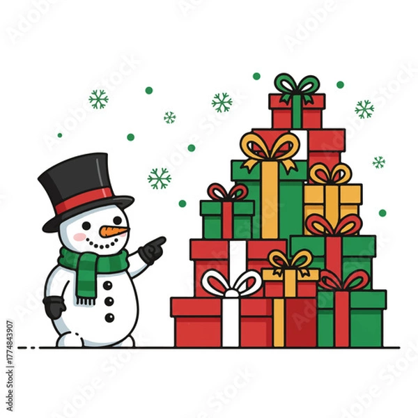 Obraz Snowman wearing a top hat and scarf pointing at a large pile of wrapped Christmas presents in red, green, gold, and white with bows on a white background with snowflakes.
