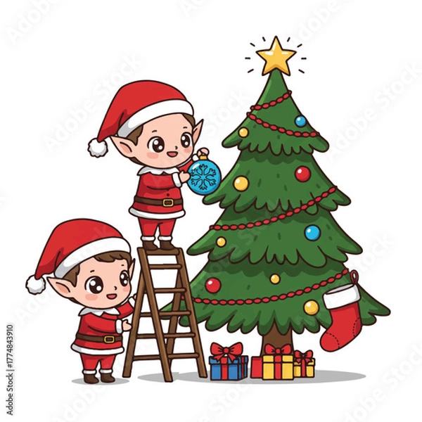 Obraz Two cheerful Christmas elves decorating a tree with ornaments on a ladder with gifts and a star on top against a white background
