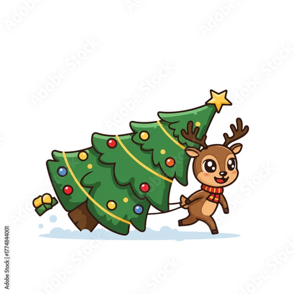 Obraz Cartoon reindeer pulling a decorated Christmas tree on a white background with festive colors.