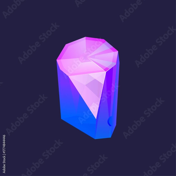 Fototapeta Vibrant low poly crystal with glowing pink and blue facets on a dark background, abstract 3D render