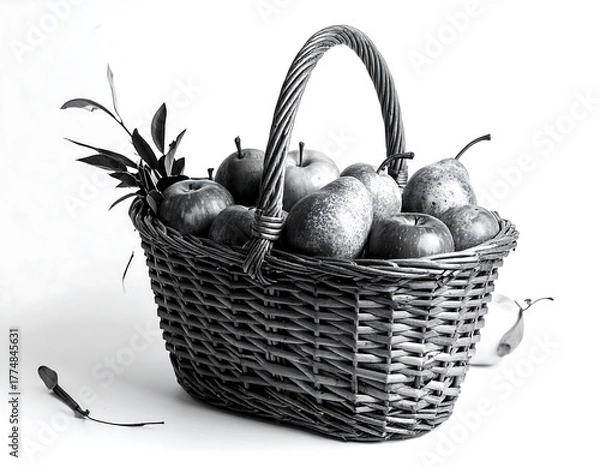 Obraz Monochrome Still Life - Wicker Basket Overflowing with Fresh Apples.