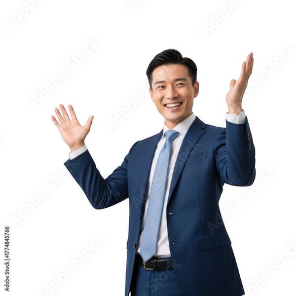 Fototapeta A cheerful asian businessman in a dark suit and light blue tie raises both hands in a welcoming gesture isolated on transparent background