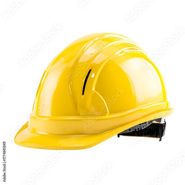 Obraz Bright yellow construction safety hard hat for head protection isolated on transparent background