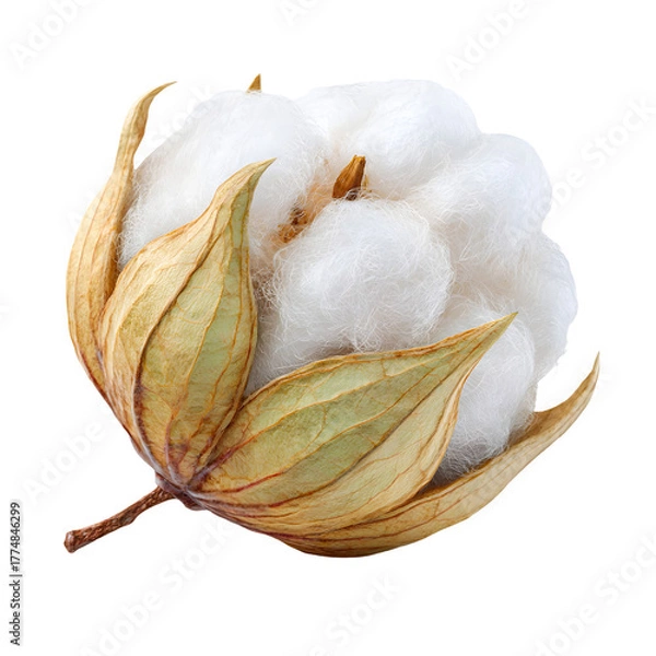Fototapeta Close up of a fluffy white cotton boll with dry brown sepals isolated on transparent background