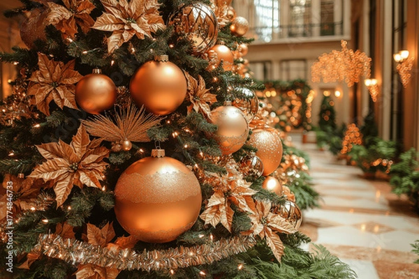 Obraz Elegant Christmas decorations adorn a festive hallway with a beautifully lit tree and shimmering ornaments in a grand hotel Generative AI