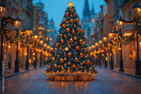 Obraz Beautifully decorated Christmas tree stands tall in a festive street adorned with lights during twilight hours Generative AI