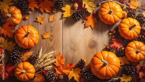 Obraz Autumnal Abundance - Pumpkins, Leaves, and Pine Cones on Wood.