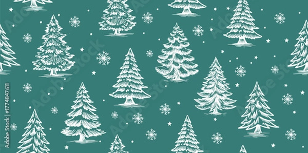 Fototapeta Christmas pattern with tree on blue, hand drawn illustrations	
