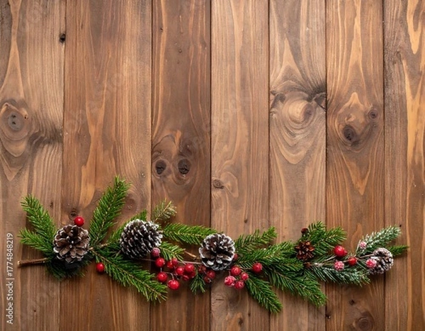 Obraz Christmas Garland on Rustic Wood Background for Festive Decor.