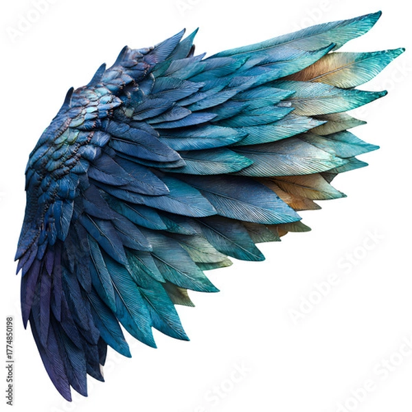 Fototapeta Detailed textured fantasy bird wing with iridescent blue and green feathers isolated on transparent background