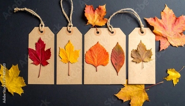 Obraz Autumn Leaves on Tags - A Colorful Fall Craft.