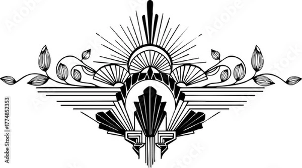 Fototapeta Elegant Art Deco flourish with sunburst and floral motifs, perfect for vintage invitations, luxury branding, and sophisticated design projects