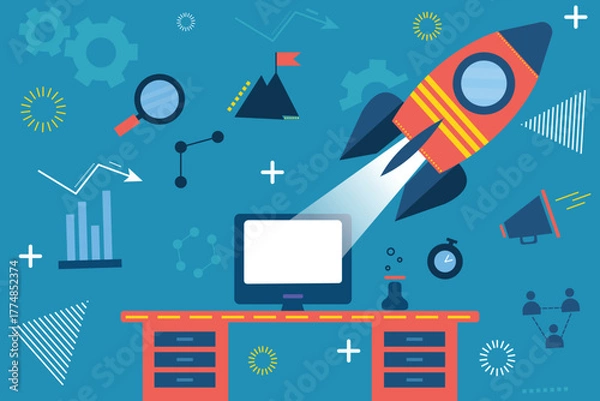 Fototapeta Flat vector illustration of rocket launching from a computer,symbolizing digital marketing,startup growth and innovation.Perfect for business,technology and online promotion concepts.