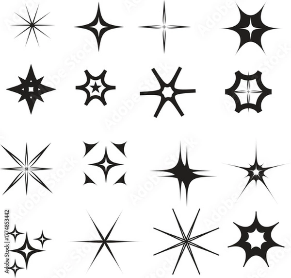 Fototapeta Star and sparkle shapes silhouette set isolated on white background
