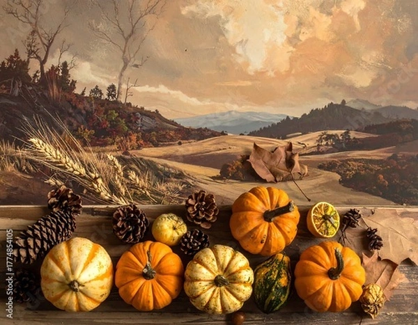 Obraz Autumn Harvest - Pumpkins and Gourds in a Rustic Landscape.