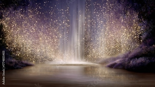 Fototapeta   A vibrant depiction of a waterfall cascading into a tranquil pool, surrounded by dazzling pyrotechnic displays