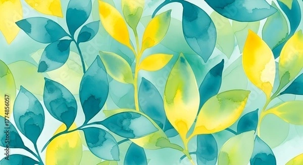 Obraz Watercolor Leaf Pattern – Teal Yellow Botanical Art for Design & Decor