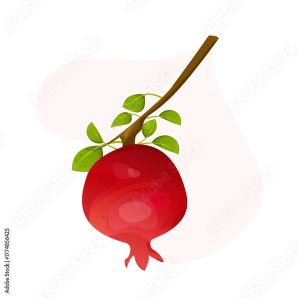 Fototapeta A cartoon pomegranate on a branch with green leaves. Fruit on a branch.