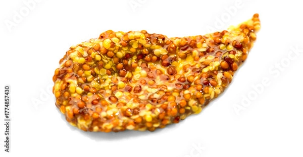 Obraz Mustard, French Dijon mustard sauce smear with whole seeds, isolated on white background. Grainy texture. French pickled mustard seeds sauce. Top view, flat lay 