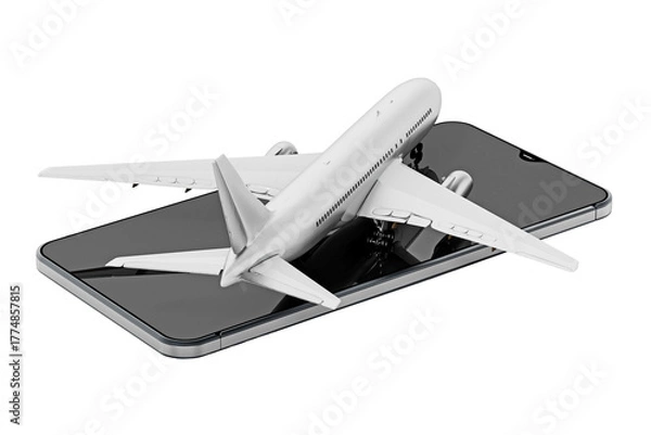 Obraz Airplane standing on smartphone screen isolated on transparent background. 3D illustration
