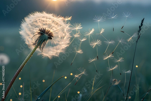 Fototapeta Dandelion Seeds in the Gentle Breeze: A close-up view captures the magical moment of dandelion seeds taking flight on a breezy day, with the soft focus and subtle sunlight.