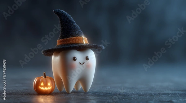 Fototapeta White tooth wearing witch's hat with pupkin on orange background. Halloween concept. AI