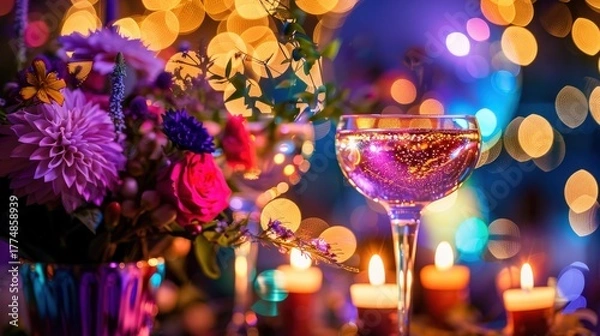 Fototapeta Sparkling party still life with cocktail glass flowers candles and confetti in vivid neon bokeh, festive celebration close up