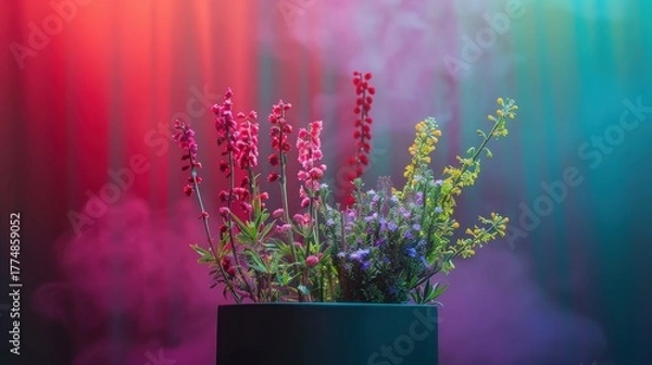 Fototapeta Low bowl of bright gerbera daisies against red and blue neon backdrop with scattered petals, colorful party still life