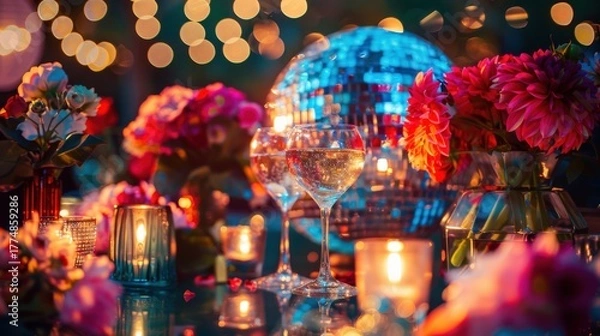 Fototapeta Sparkling party still life with cocktail glass flowers candles and confetti in vivid neon bokeh, festive celebration close up