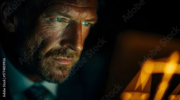 Fototapeta Businessman using laptop with glowing golden justice scales icon, symbolizing law, fairness, legal advice, and online court services in modern digital technology and business ethics.