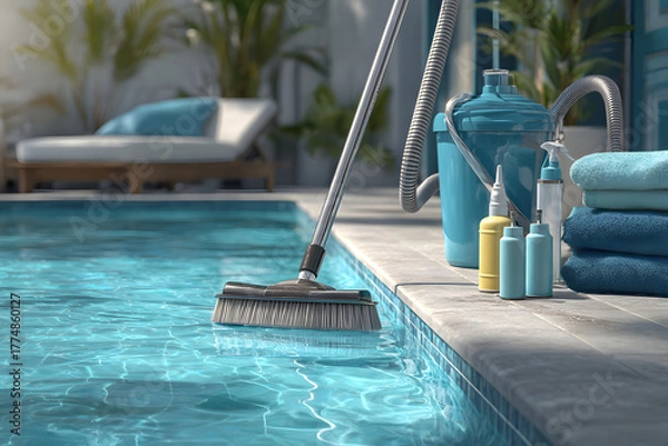 Fototapeta Swimming pool cleaning in process with vacuum brush and hose in water, maintenance products including chemical canisters, chlorine tablets, dispenser and test kit on poolside