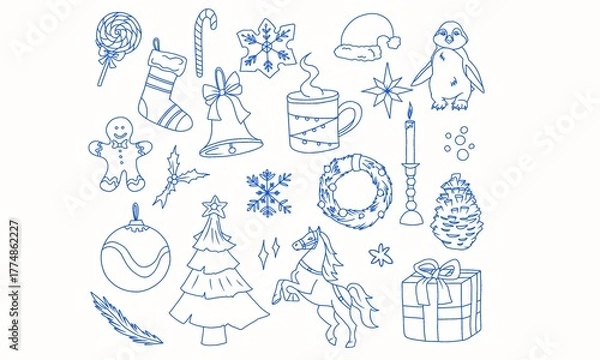 Obraz Blue Christmas line icons set with decorative elements