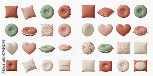 Obraz A large collection of various decorative pillows and cushions in different shapes, colors, and textures, isolated on a transparent background.