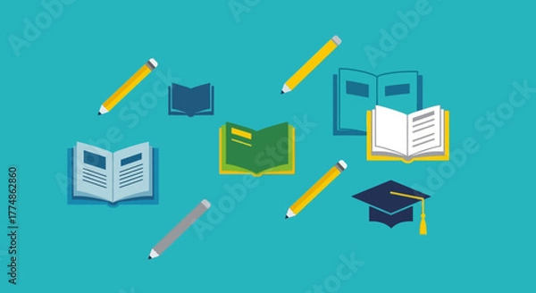 Fototapeta Educational books and pencils scattered on a teal background symbolizing learning and knowledge acquisition.