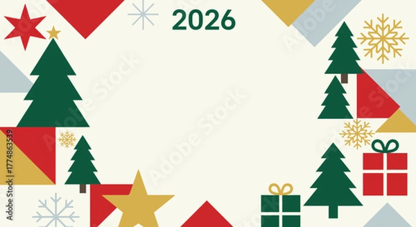 Fototapeta Festive 2026 New Year Card with Christmas Trees and Gifts.