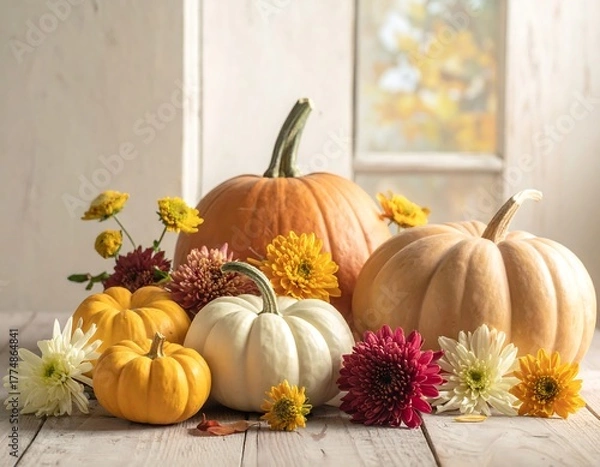 Obraz Autumn Harvest - Pumpkins and Flowers in a Cozy Setting.